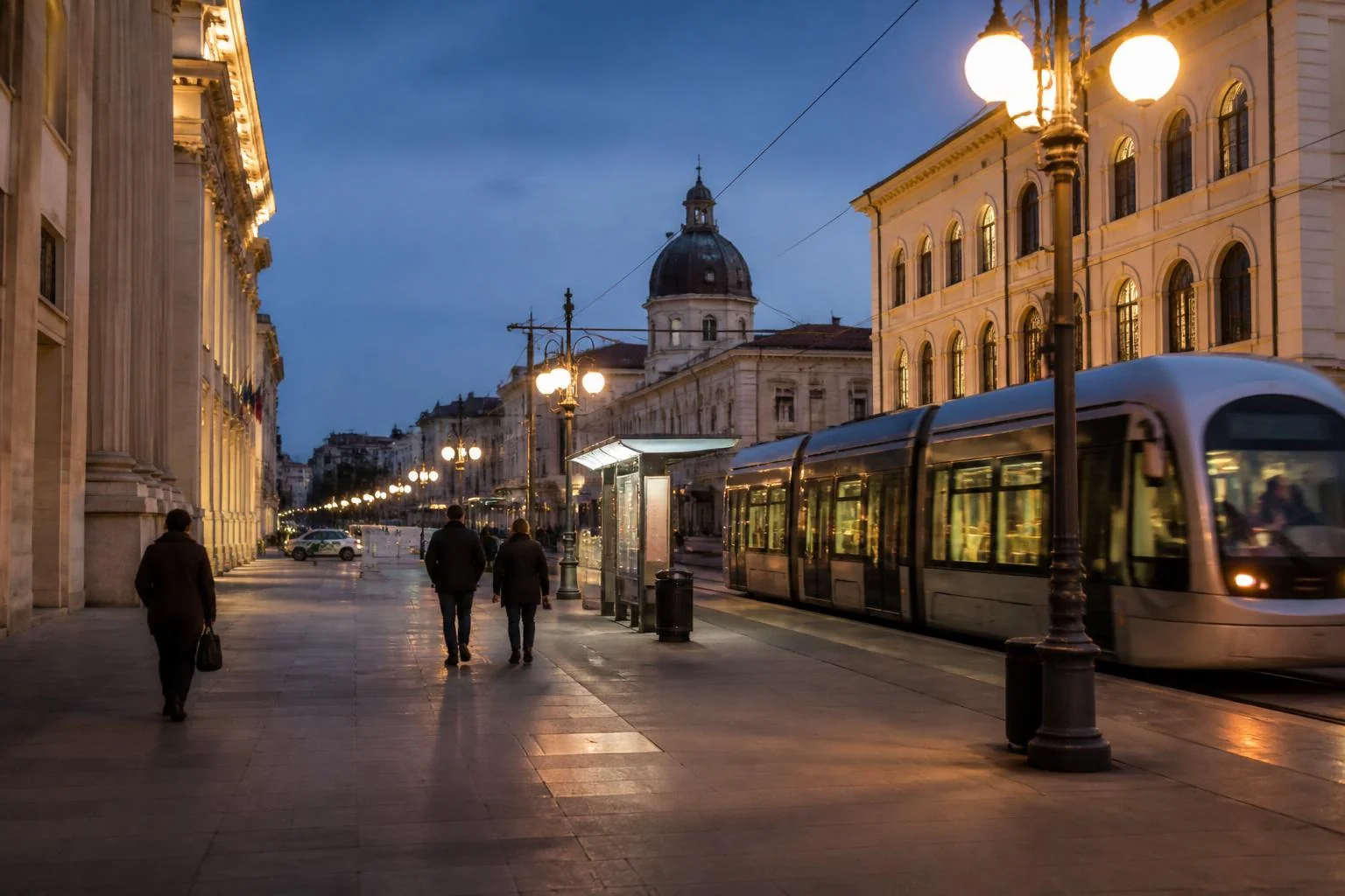 Viale di una città italiana al crepuscolo, con un tram in transito, persone che camminano e uno spazio urbano ordinato e illuminato