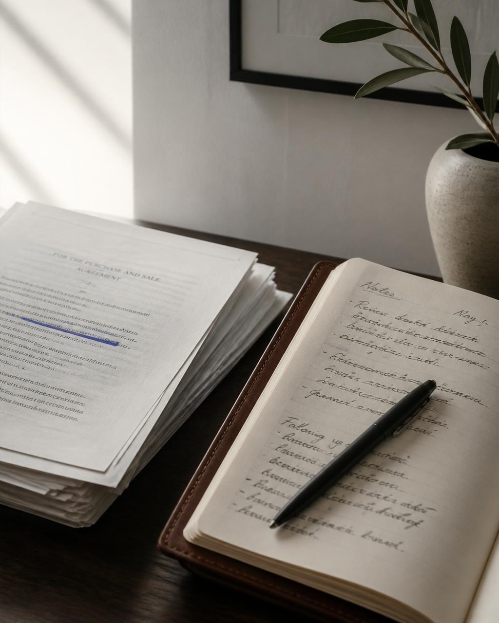 Dettaglio editoriale di appunti manoscritti e documenti su una scrivania dello Studio Legale Lione
