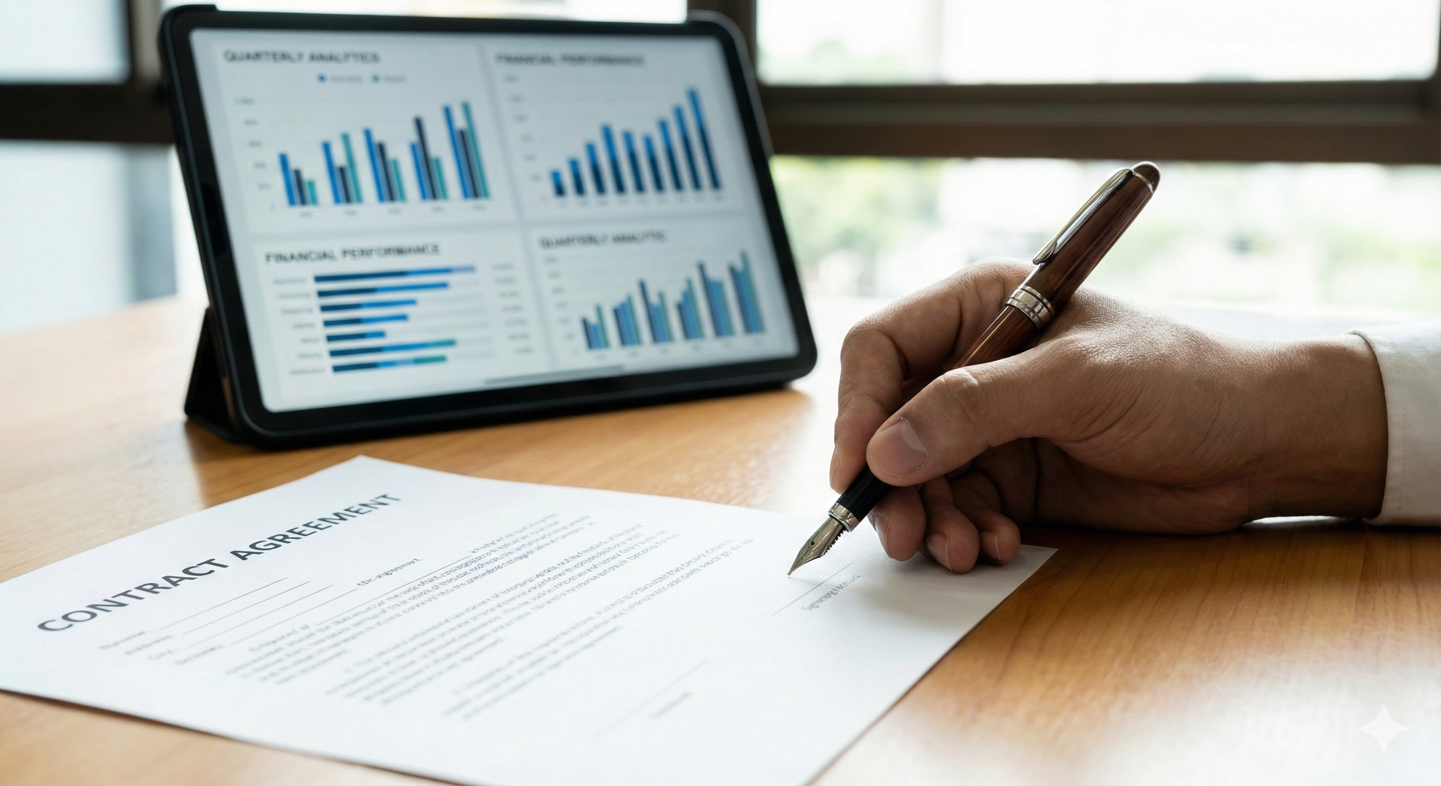 Firma di un contratto di Transfer Pricing Agreement con analisi di compliance su laptop, a supporto degli sconti commerciali infragruppo.