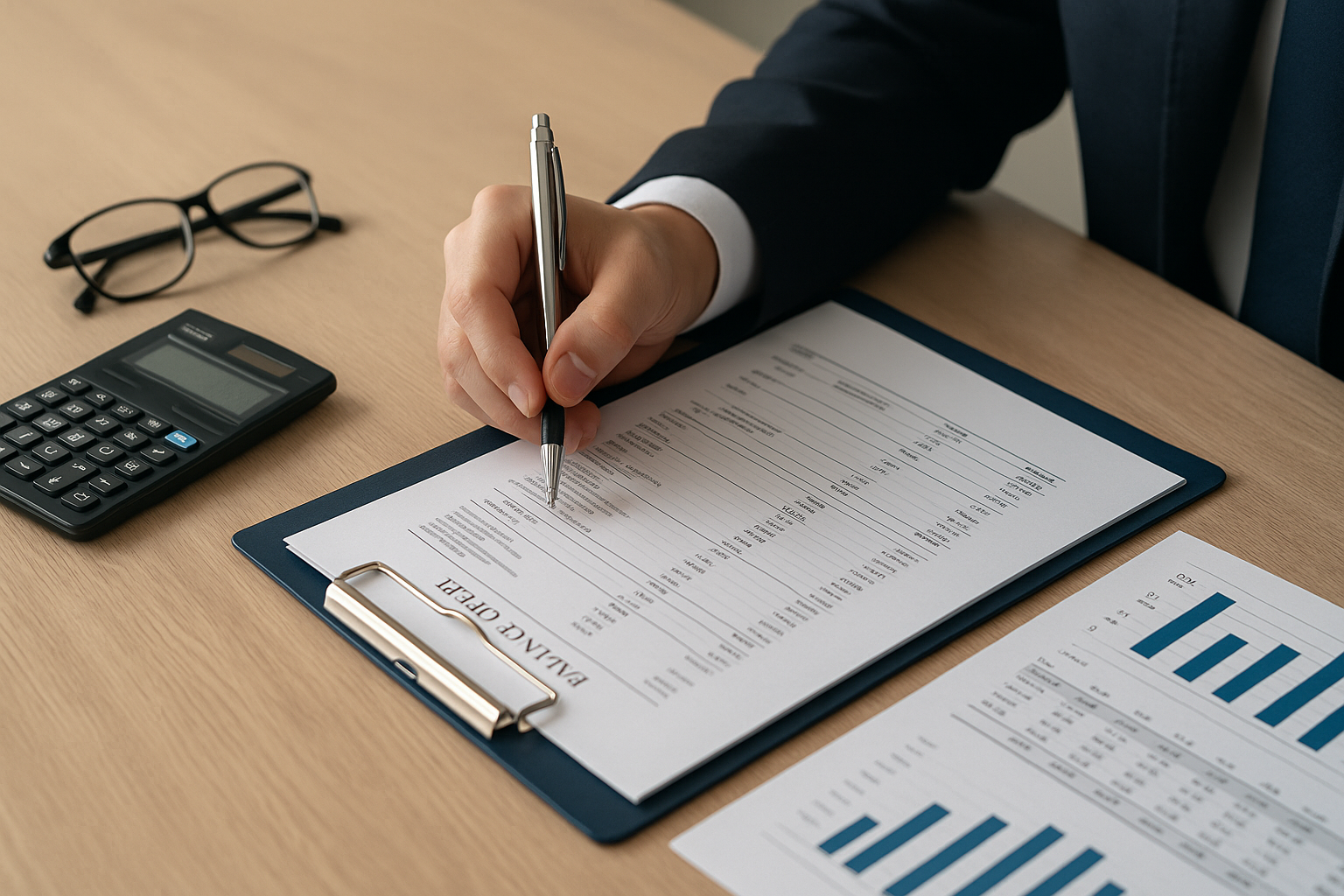 Professionista che analizza un bilancio con penna, calcolatrice e grafici, concetto di responsabilità dei sindaci e controllo sostanziale.