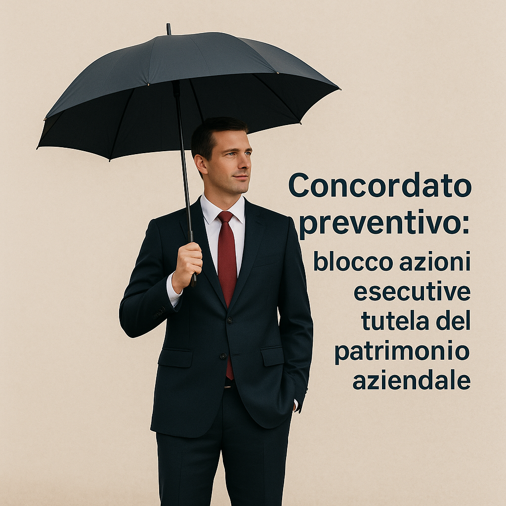 Imprenditore con ombrello che simboleggia la protezione del concordato preventivo e il blocco delle azioni esecutive a tutela del patrimonio aziendale