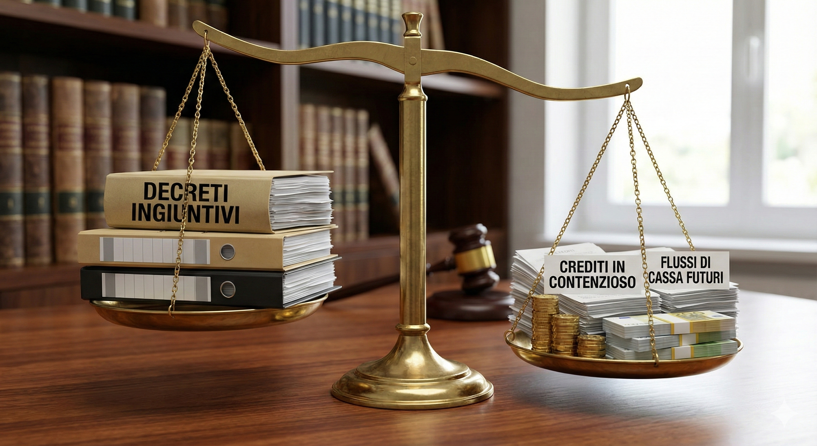 Infografica sul rapporto tra insolvenza e decreti ingiuntivi: una bilancia che pesa i debiti scaduti contro i crediti in contenzioso e i flussi di cassa futuri.