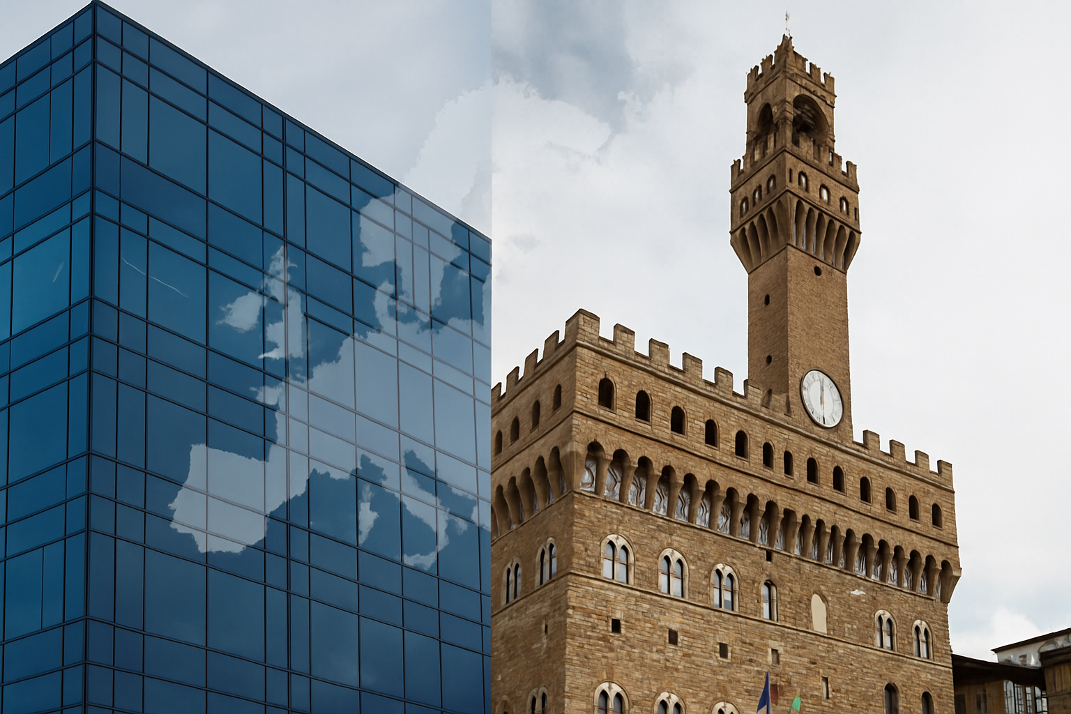 Confronto tra sede legale estera e sede effettiva in Italia: immagine simbolica dell’esterovestizione e della libertà di stabilimento delle imprese europee.