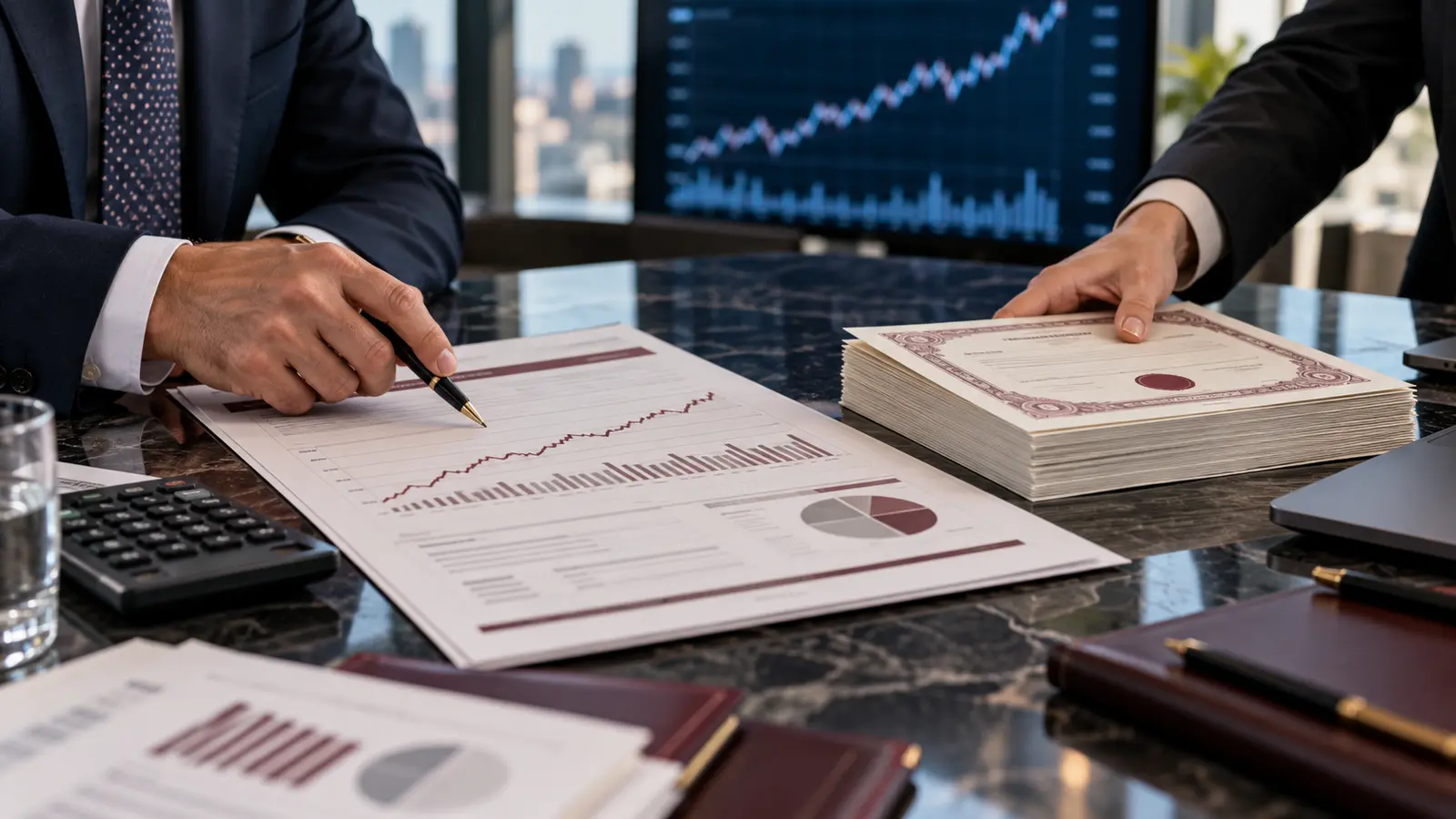 Documenti di un’offerta pubblica e grafici azionari esaminati durante una trattativa di acquisizione