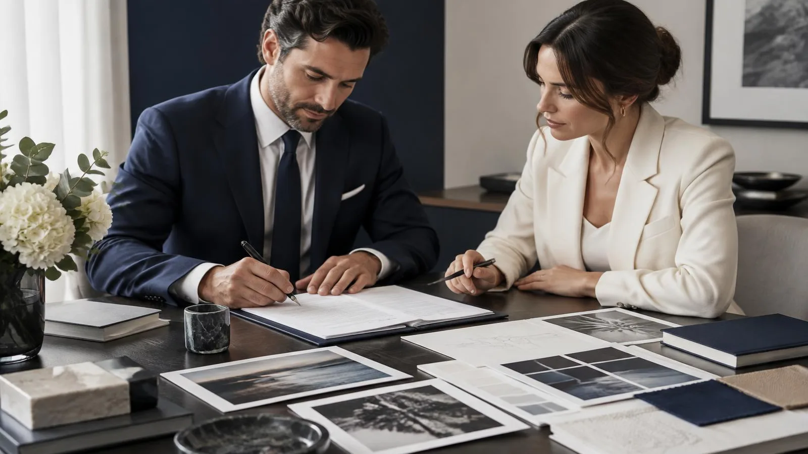 Due professionisti esaminano e firmano un contratto internazionale accanto a fotografie e materiali creativi