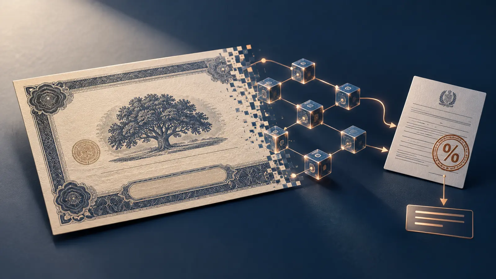 Illustrazione editoriale di un’obbligazione che si trasforma in un registro digitale, collegata a un documento fiscale con simbolo percentuale.