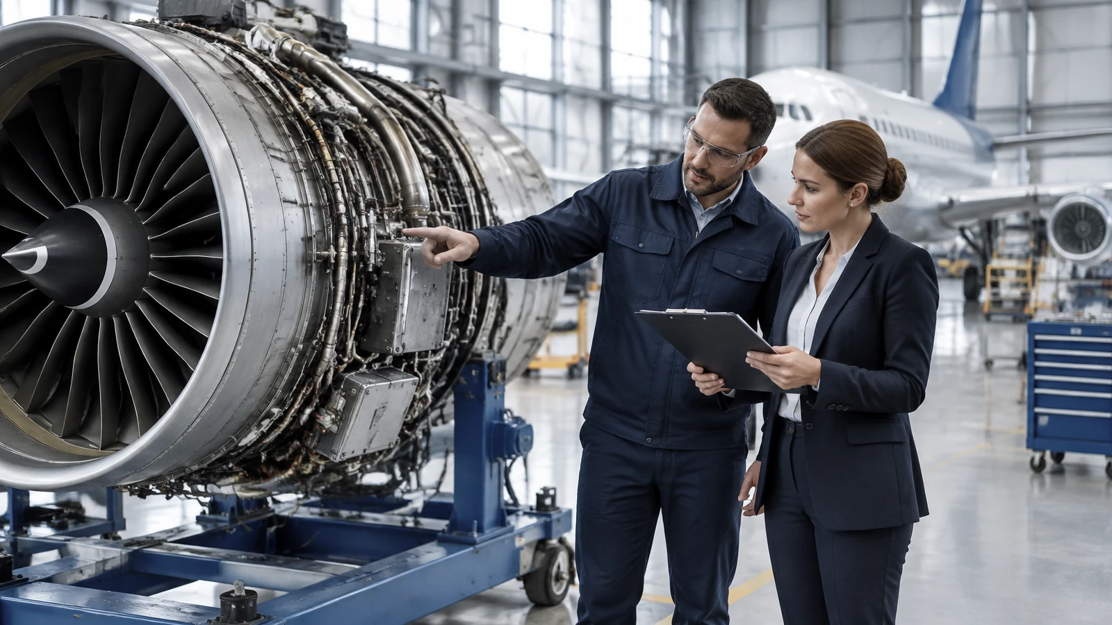 Un ingegnere e una responsabile compliance esaminano un motore aeronautico e documenti di esportazione in un hangar