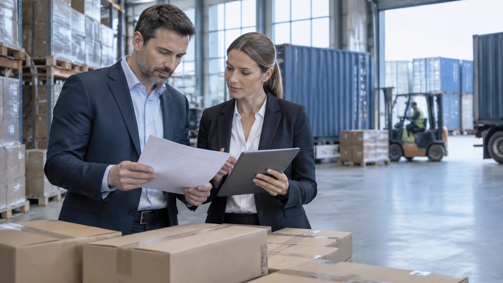 Due professionisti della logistica verificano documenti di importazione accanto a merci e container in un magazzino europeo