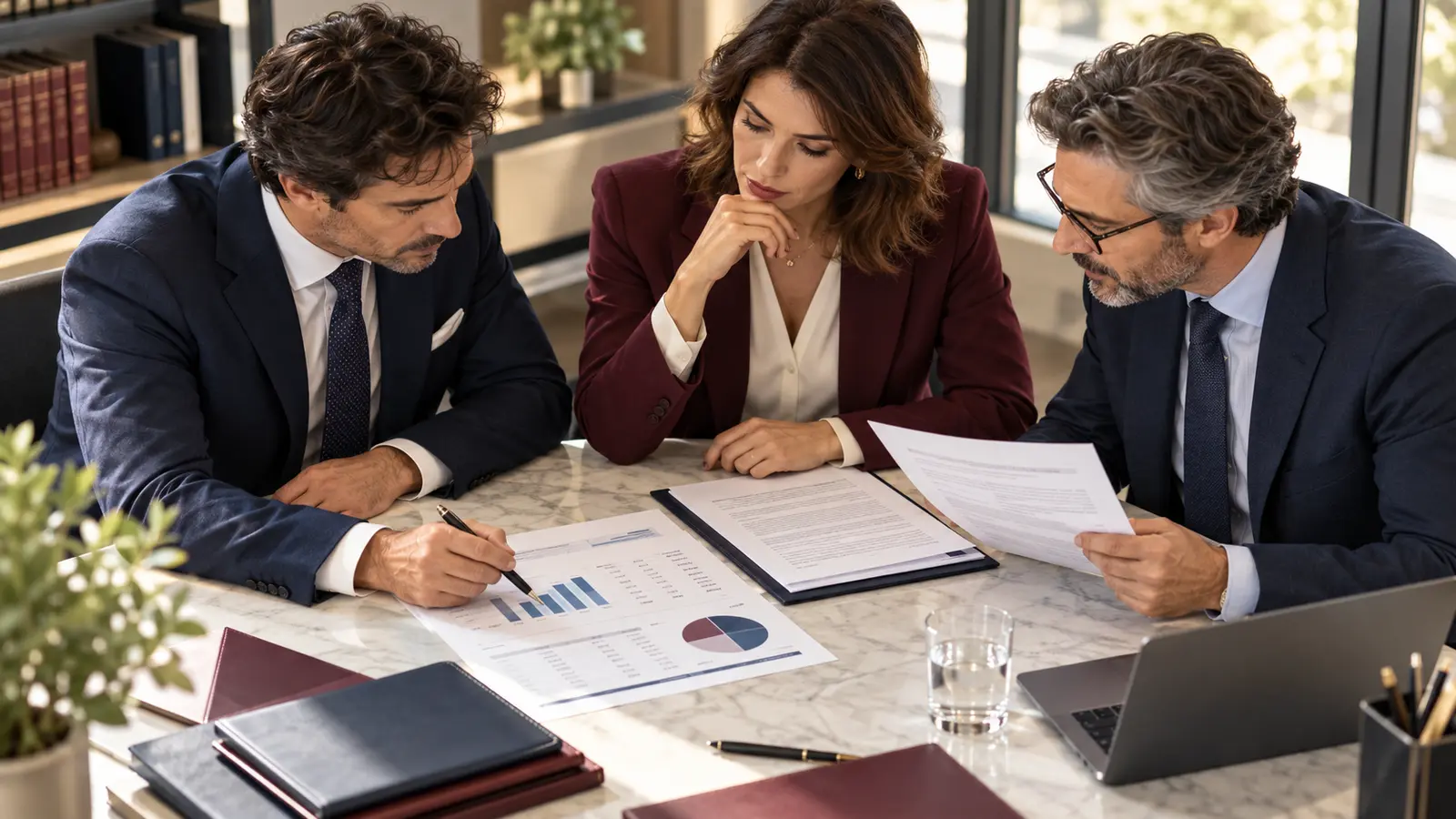 Tre professionisti esaminano un accordo societario e un prospetto per la ripartizione degli utili